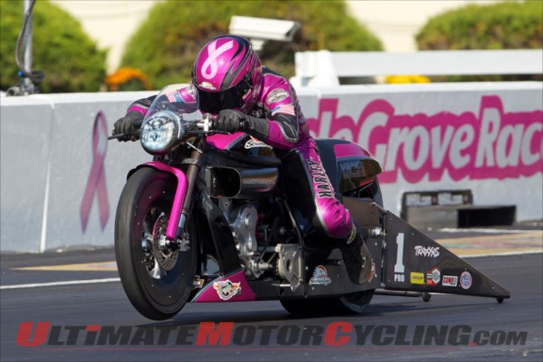 Krawiec Pilots Pink Harley V-Rod at Maple Grove Eliminations