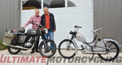 Peter Kisgen (L) presents rare examples of an MZ East German Military Police bike
