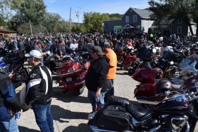 Basking in afternoon sun, there was a huge crowd at Leland, WI, the end point of the fall Slimey Crud Run.