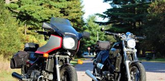 Honda V65 Sabre or Yamaha Vmax: V4s Head-to-Head Side-by-side V4s—The Honda VF1100S (L) with the optional frame mount fairing and the Yamaha VMX1200 with aftermarket drag bars—the same only different?