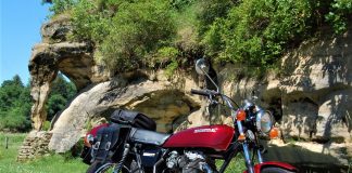 Was 1976 Really 45 Years Ago? This Honda CJ360T Doesn’t Show it! Fitted with small throw-over saddlebags and compact tail bag, the CJ360 is still a great day-trip touring bike shown here at the ancient Elephant Trunk Rock near Ithaca, WI.
