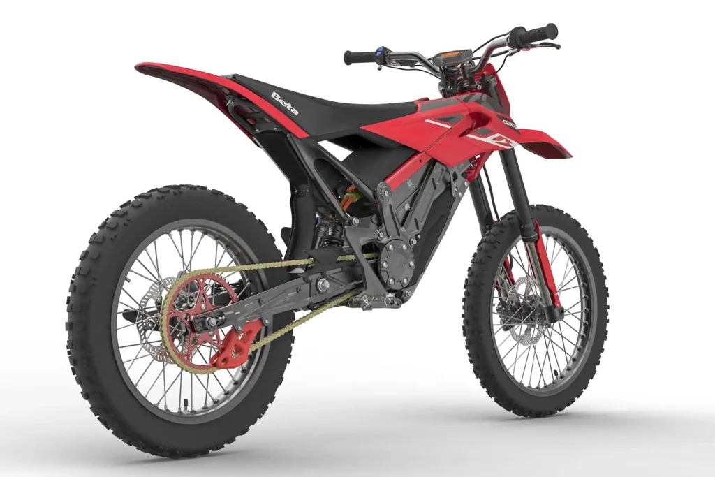 2024 Beta Explorer electric trail bike, left rear three-quarter studio view