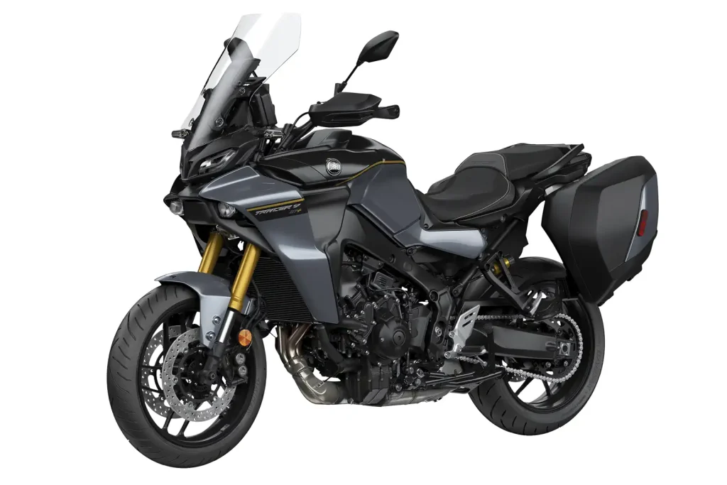 2024 Yamaha Tracer 9 GT+ in Storm Gray with side cases, front three-quarter view