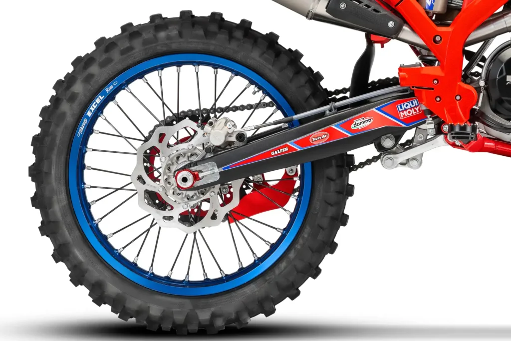 2024 Beta 450 RX rear wheel, disc brake, and swingarm