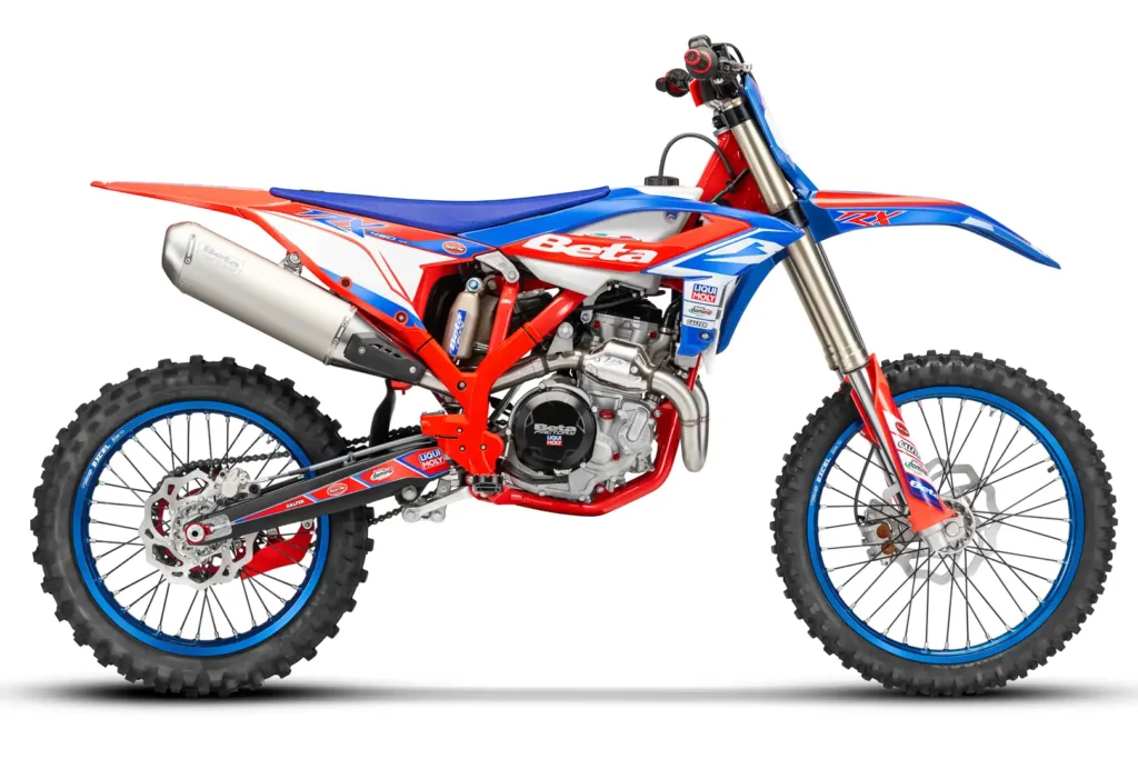 2024 Beta 450 RX in red, white, and blue, left side studio view