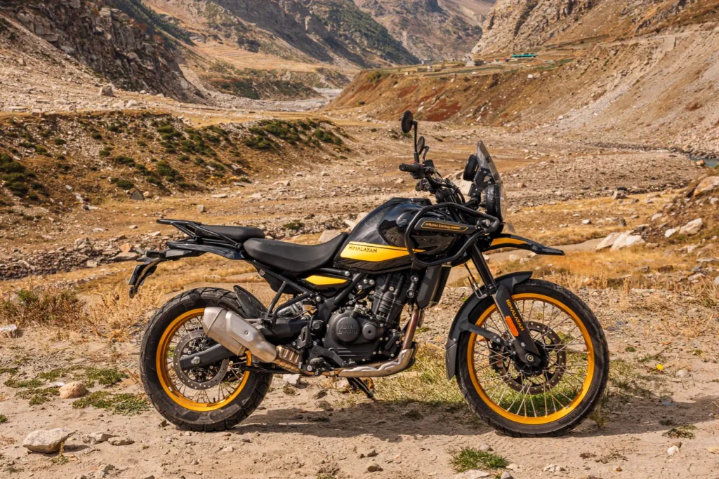 2024 Royal Enfield Himalayan parked on a mountain road in India, left side profile