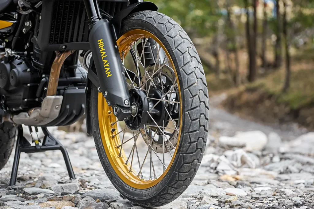 2024 Royal Enfield Himalayan Showa inverted fork, 21-inch wire-spoke wheel, and front brake