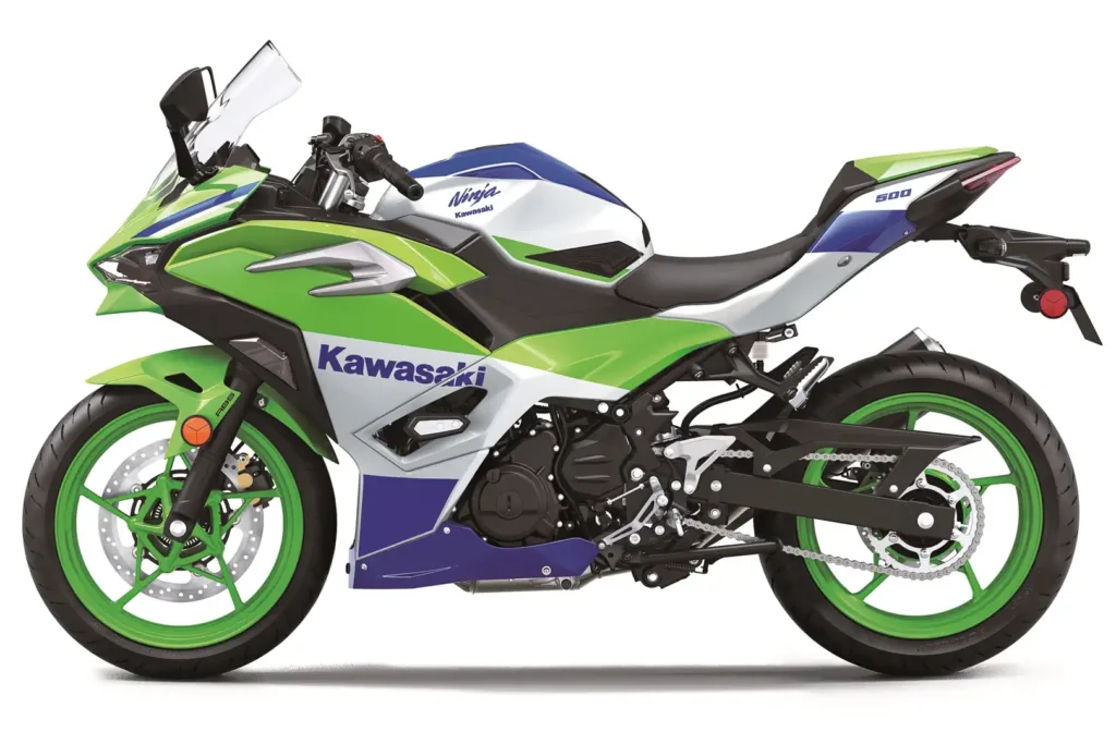 2024 Kawasaki Ninja 500 SE 40th Anniversary Edition ABS in Lime Green, white, and blue, side view on a white background