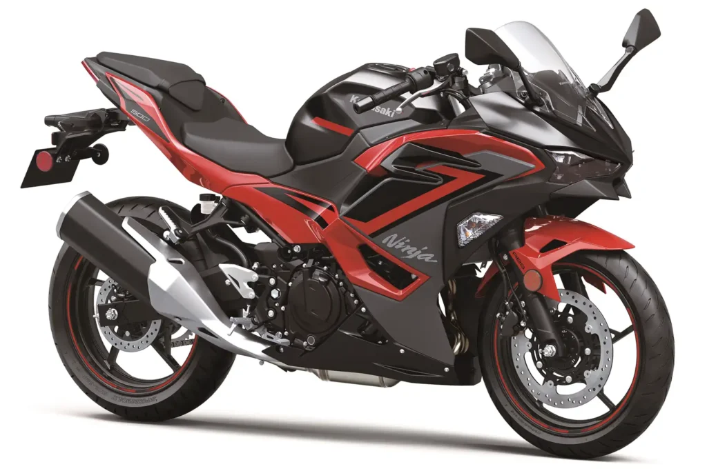2024 Kawasaki Ninja 500 in red and black, side view on a white background