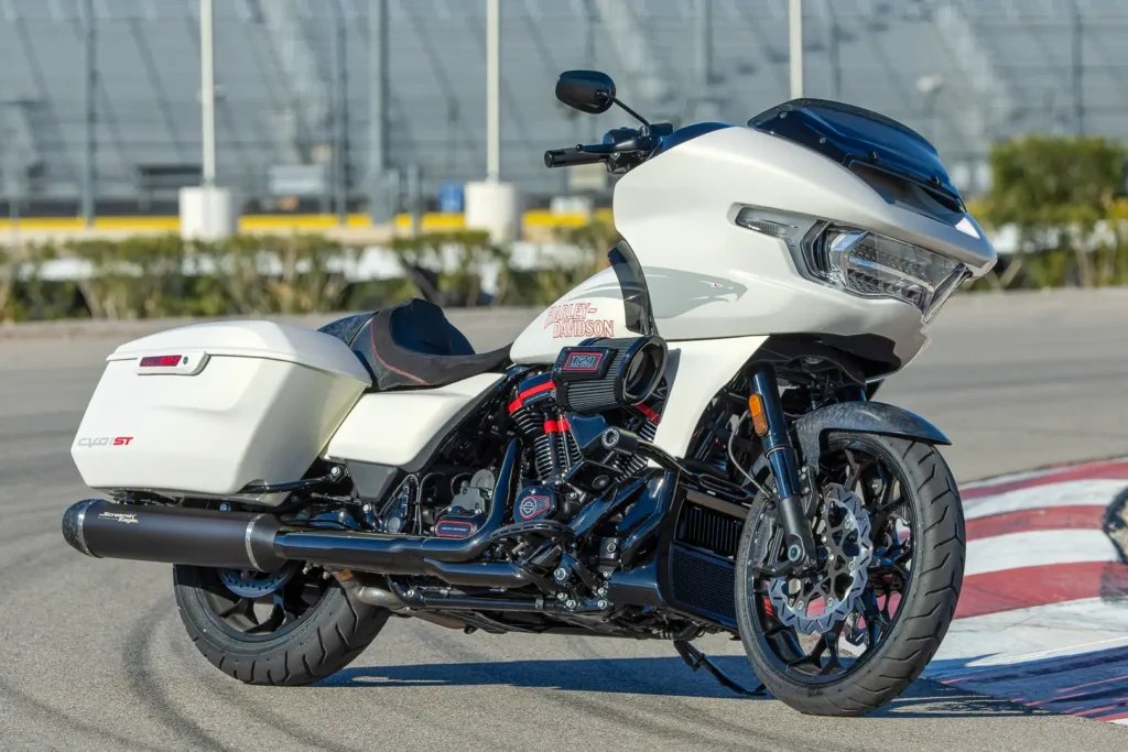 2024 Harley-Davidson CVO Road Glide ST in Golden White Pearl parked at Las Vegas Motor Speedway