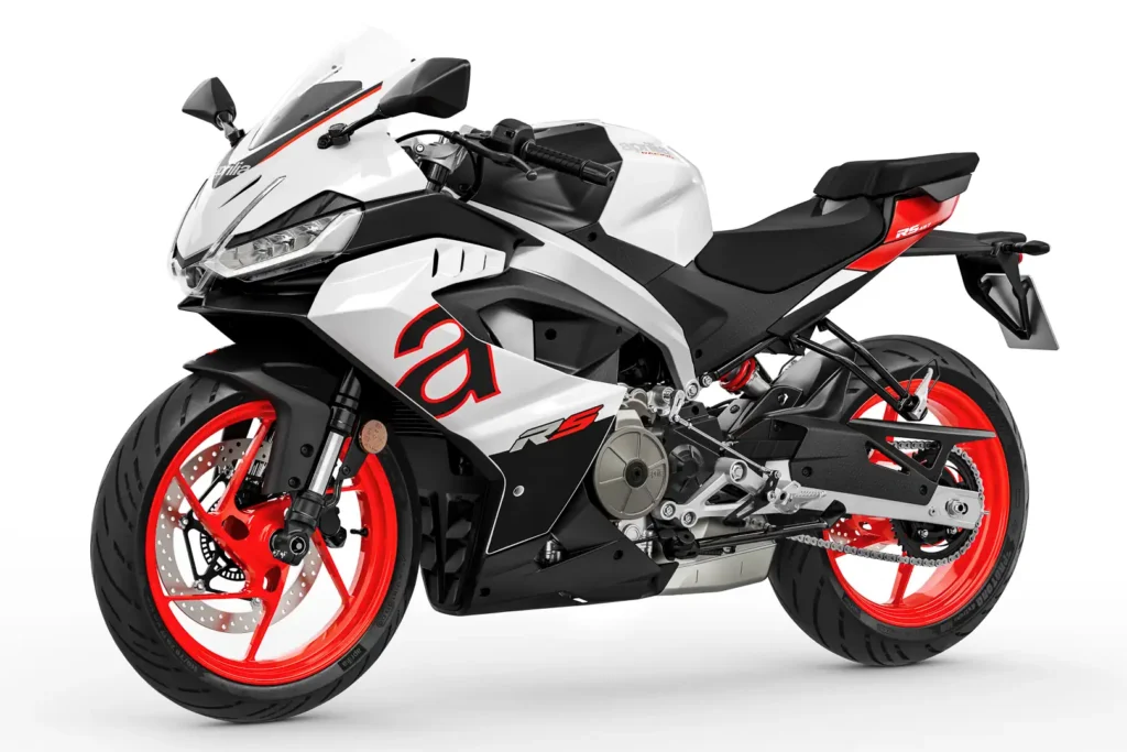 2024 Aprilia RS 457 in white Opalescent Light, front three-quarter studio view