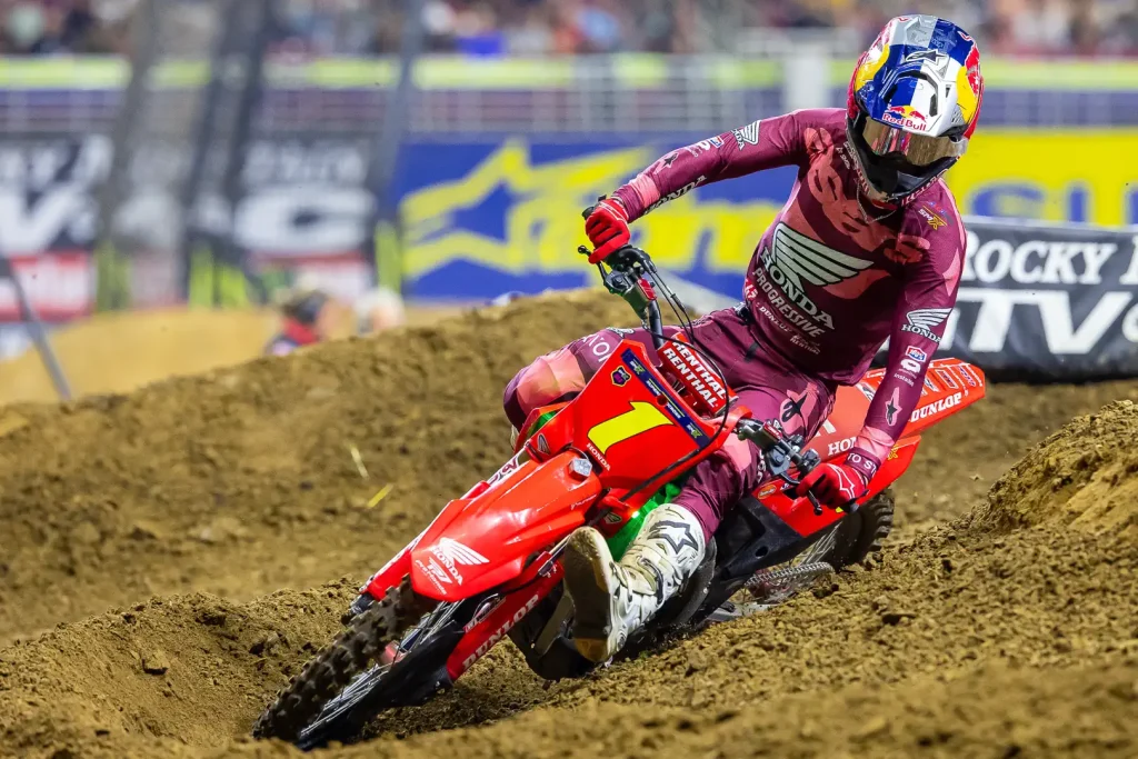 Jett Lawrence in a rut on his Honda CRF450R.