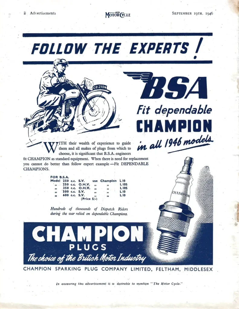 Britain’s The Motor Cycle: Champion Spark Plugs ad