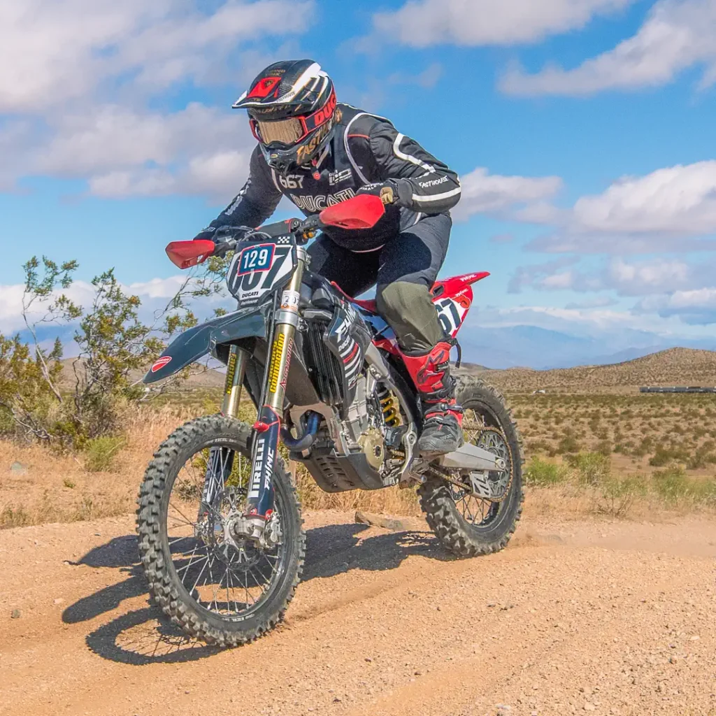 Ducati North America CEO Jason Chinnock racing the 2026 Ducati Desmo450 EDX