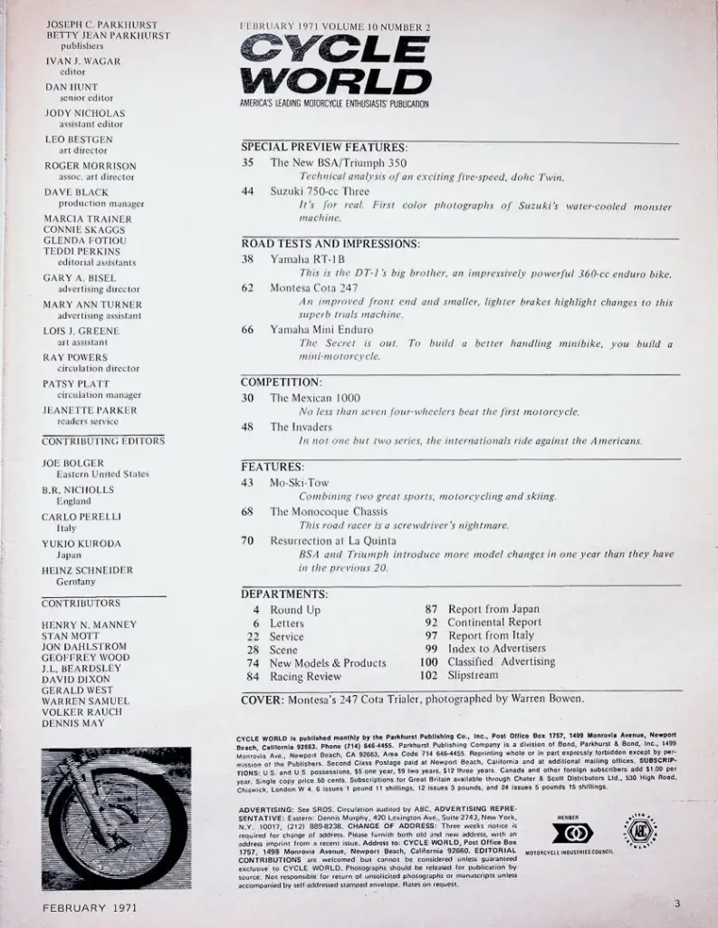 Editor's Letter - August 2026 - Cycle World: An Appreciation - February 1971 table of contents
