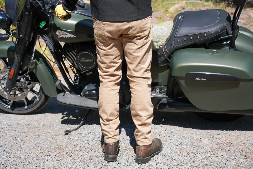 Pando Moto Robby Slim Jeans Review: Back view off motorcycle