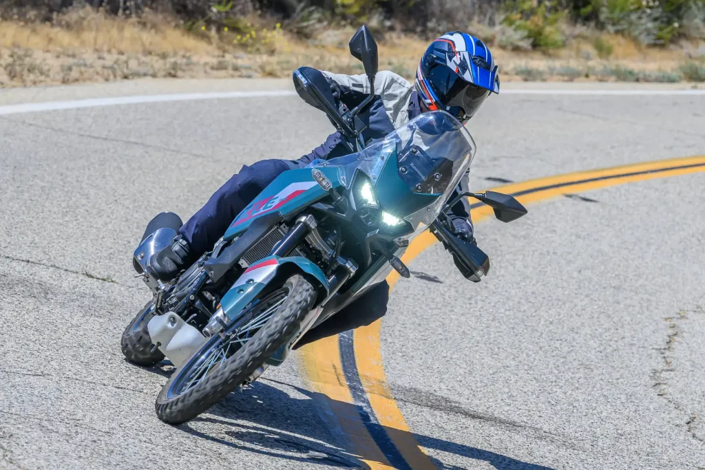 2026 Kawasaki KLE500 SE Review: Leaned over in a corner.