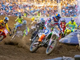 2026 SMX Final Fantasy Picks and Tips: 8 Fast Facts 2027 SMX Schedule with motorcycles charging into the first corner of a race.