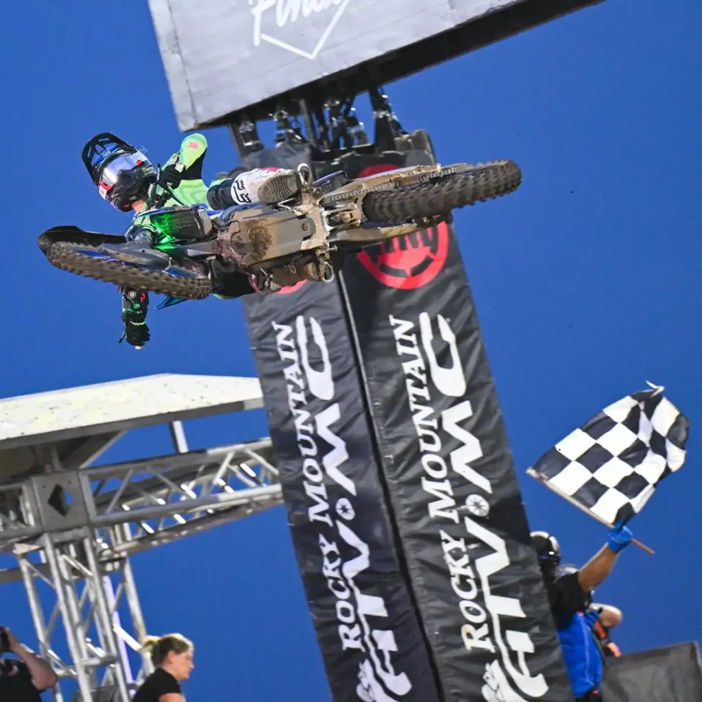 Haiden Deegan jumping the finish line at the 2026 SMX Final