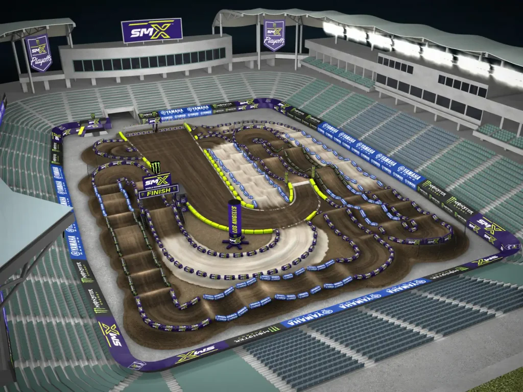 The view of the 2026 SMX Playoff 2 track map, Dignity Health Sports Park, Carson, with the start straight coming at you.