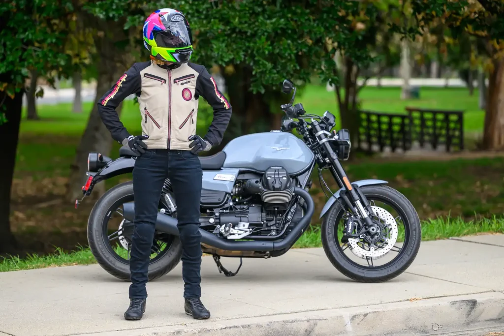 Alpinestars Stella Grace Jacket static model with Moto Guzzi V7