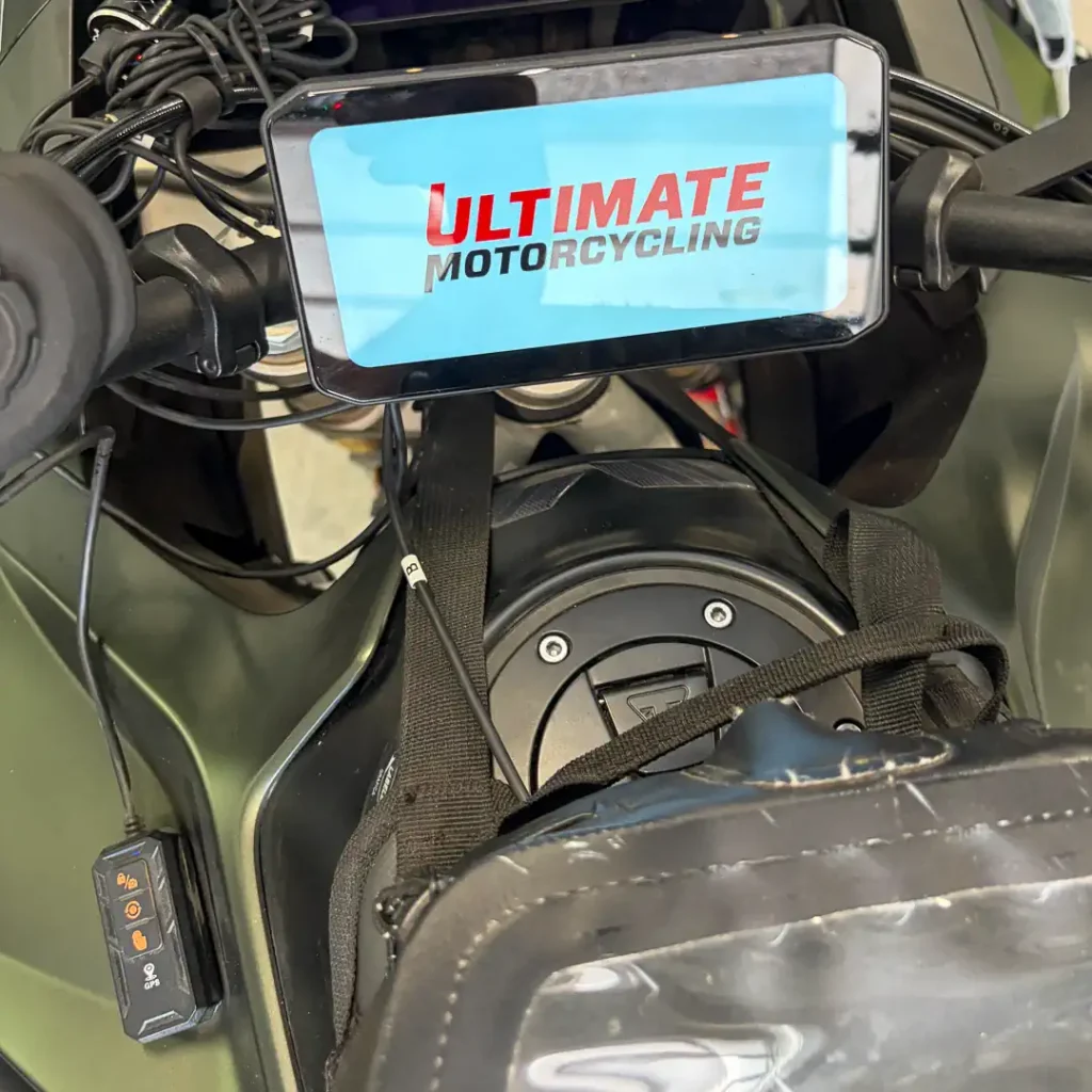 Motorcycle dash cam with Ultimate Motorcycling logo