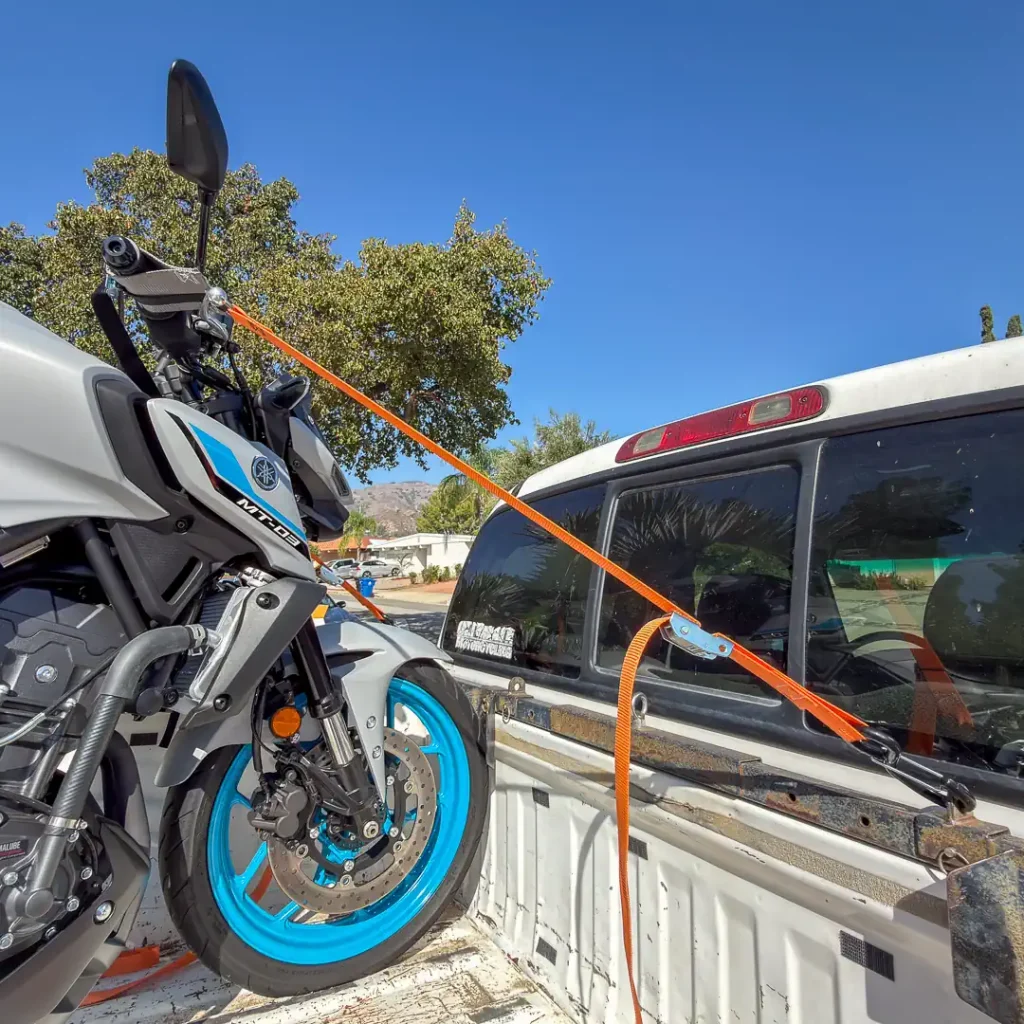 The right side of the Yamaha MT-03 with the Cycle Cynch II fully installed.