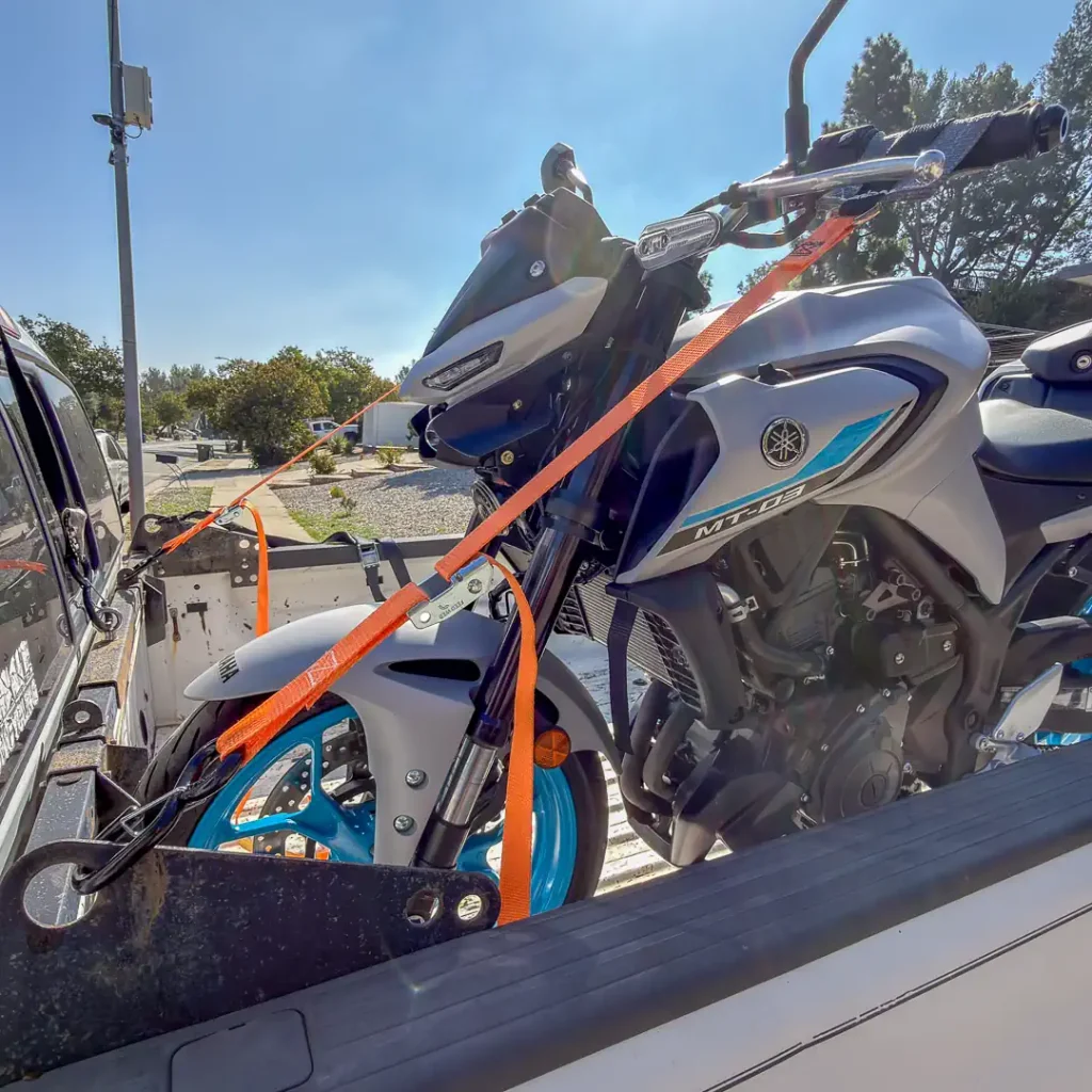 Cycle Cynch II Review showing the final installation from the left side of the Yamaha MT-03