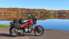 A Yamaha Seca 750 parked in front of Sunday Lake in Michigan