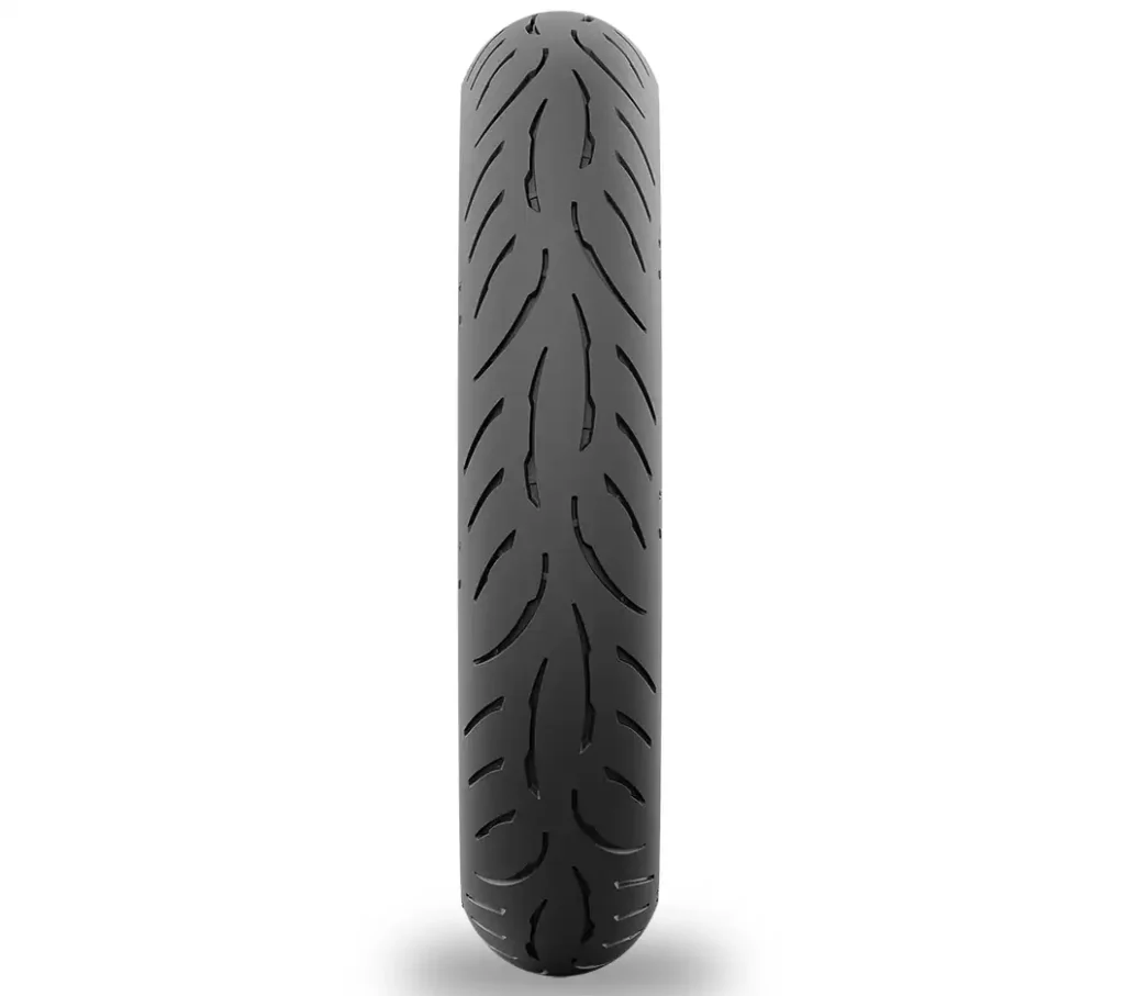 Stock photo of view of the front tire tread of a Metzeler Roadtec 02 tire
