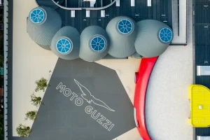 An artistic aerial view of the Moto Guzzi grounds