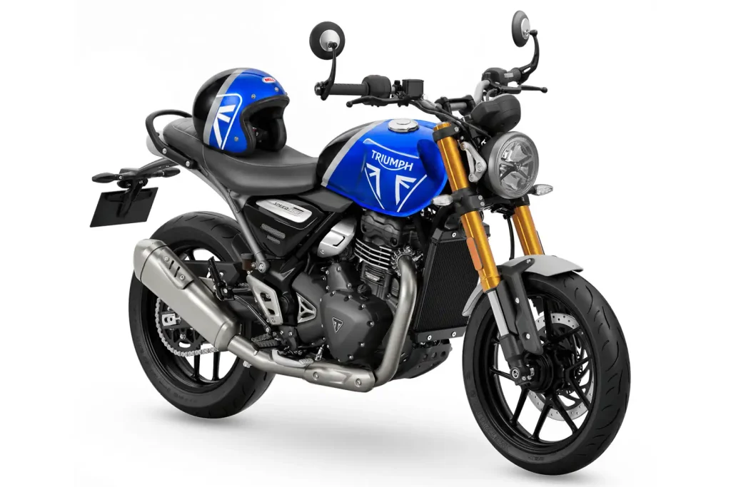 Pyramid x Bell Custom 500 helmet on the seat of a matching blue Triumph Speed 400.