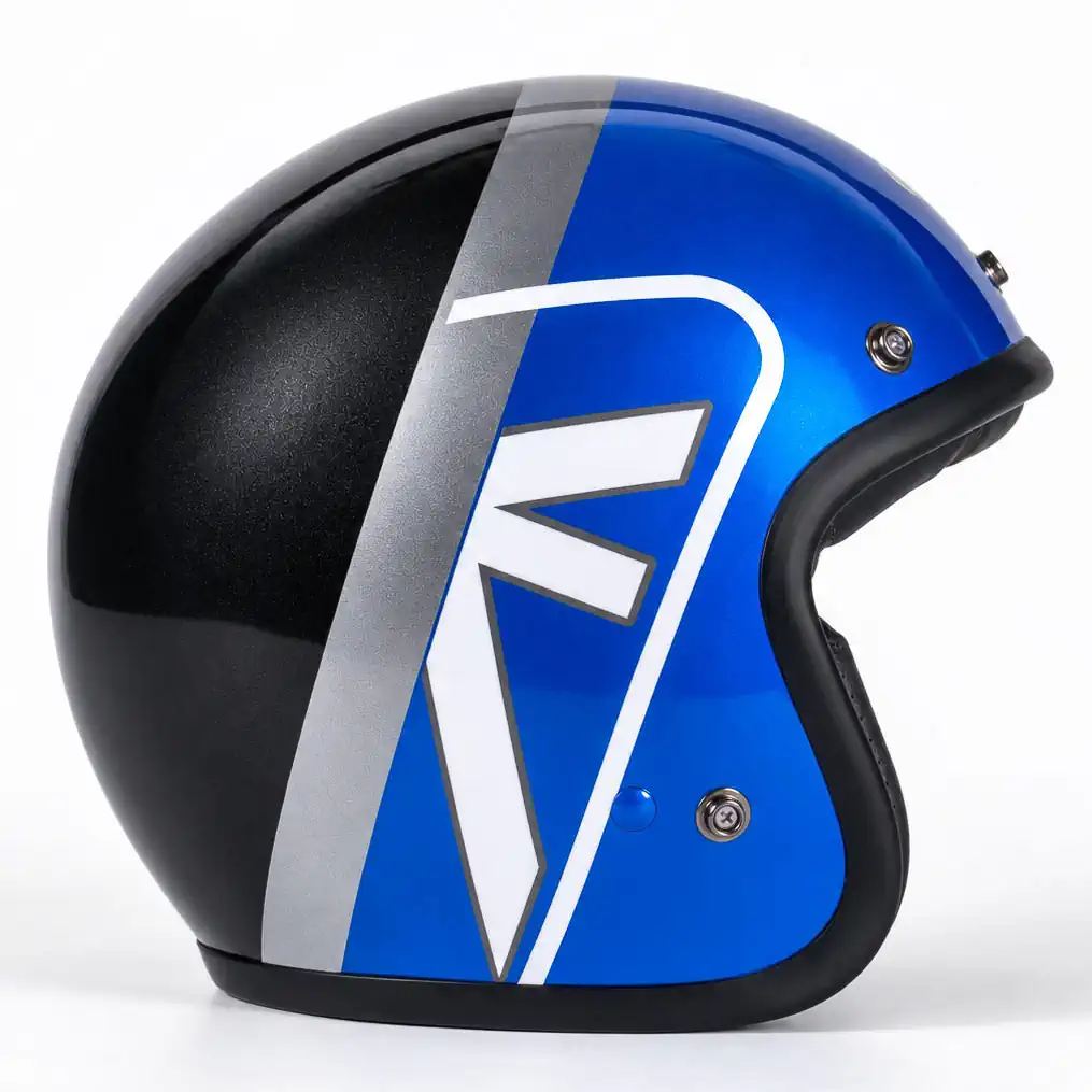 Caspian blue Triumph-styled custom painted Pyramid x Bell Custom 500 helmet.