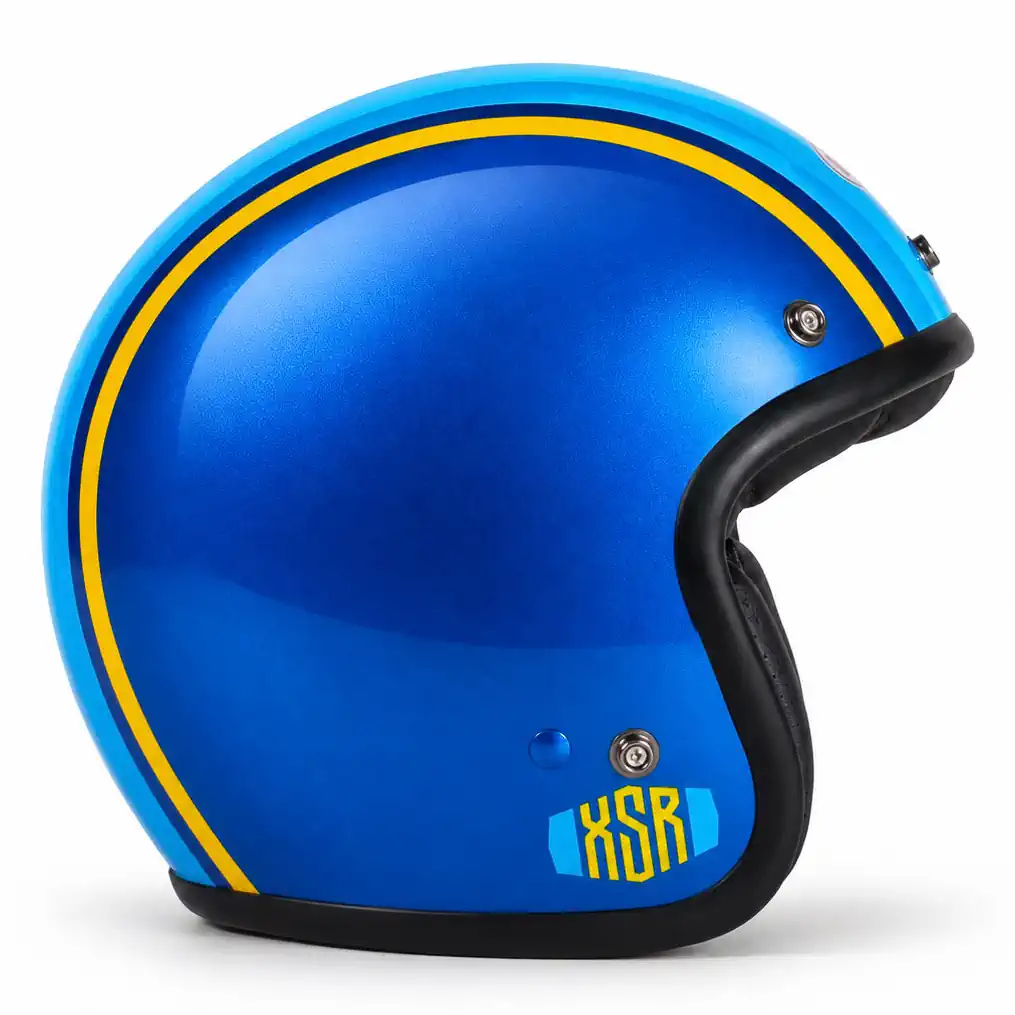 Blue and yellow custom painted Pyramid x Bell Custom 500 helmet.