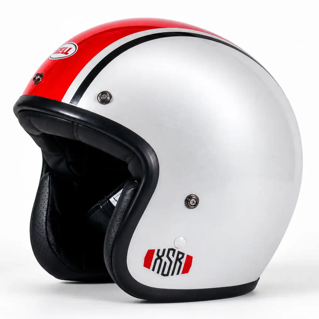 Red and white custom painted Pyramid x Bell Custom 500 helmet.