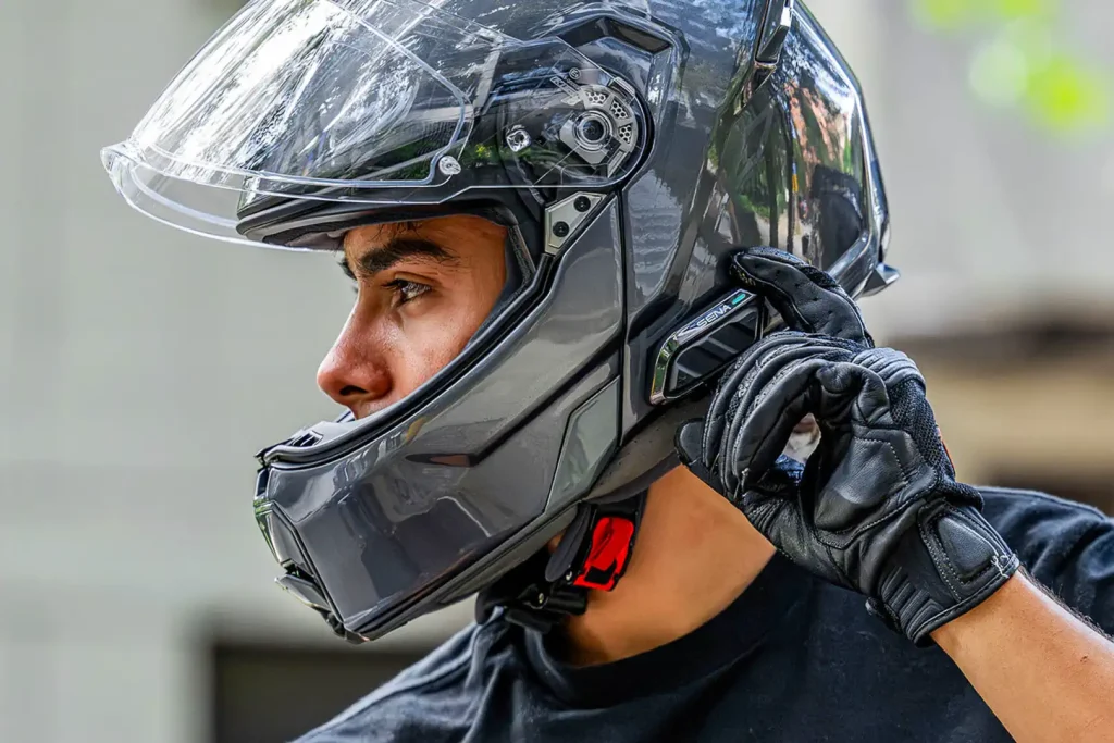 Sena Spider X Slim Mesh Intercom on the riders helmet
