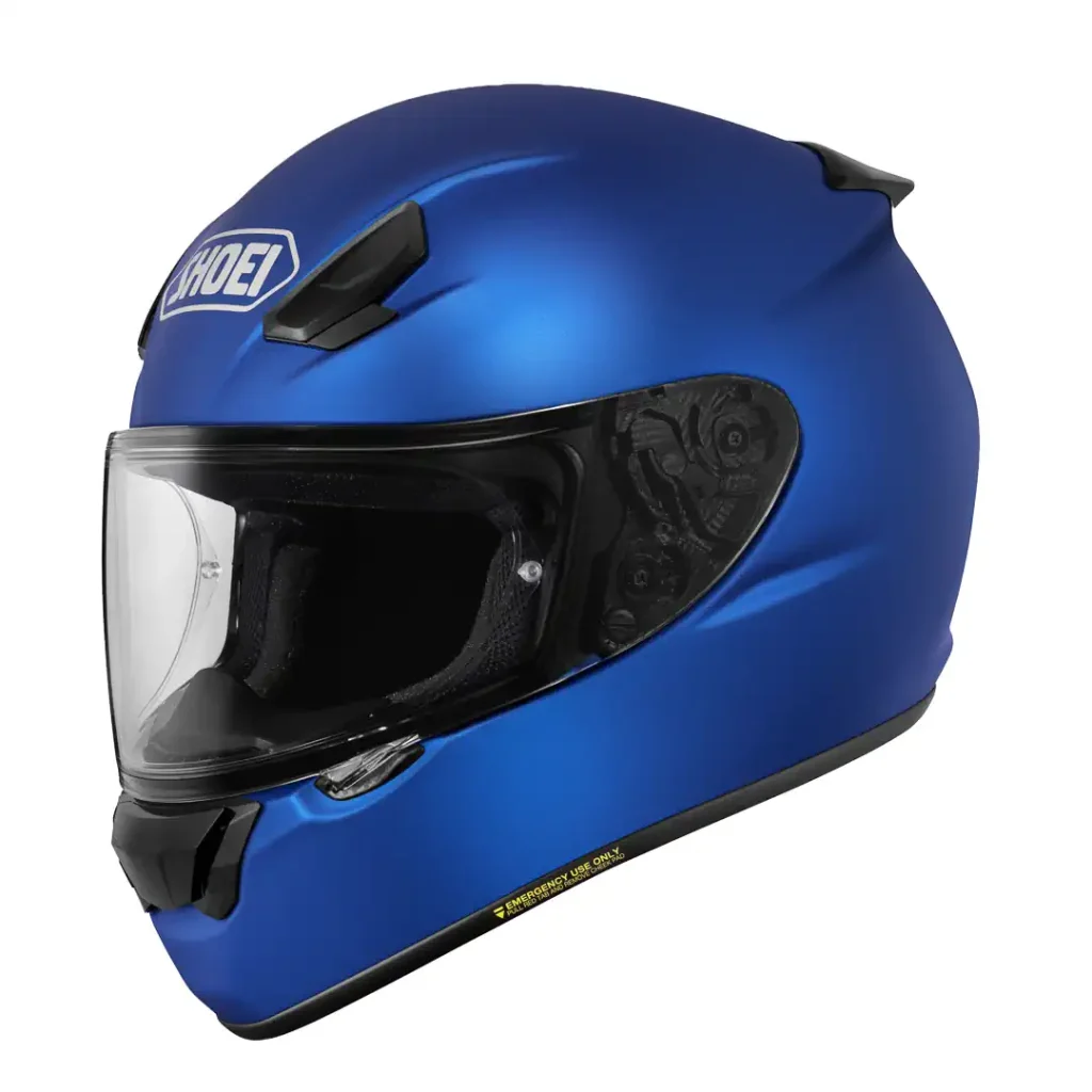 Shoei RF-SR2 Helmet Review: Left side view, blue helmet