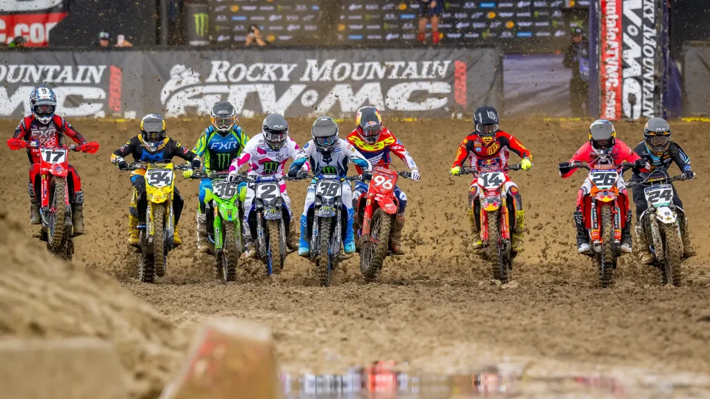 Riders fresh out of the gate at a SuperMotocross Playoff race