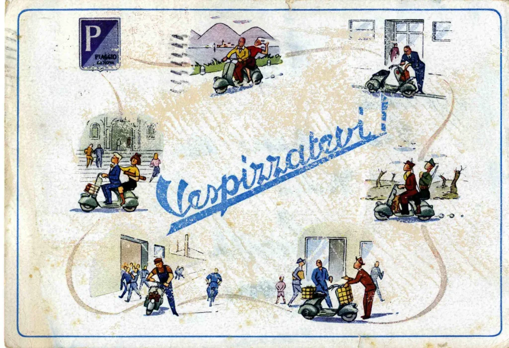 A vintage Vespa postcard from 1952 featuring illustrations.