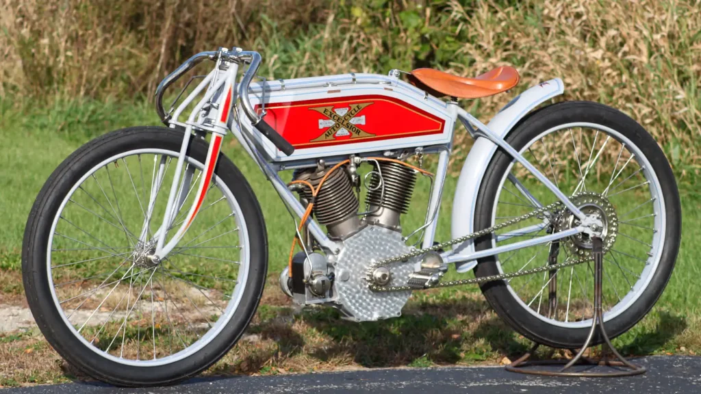 1914 Excelsior Twin left 3/4 left view in backyard