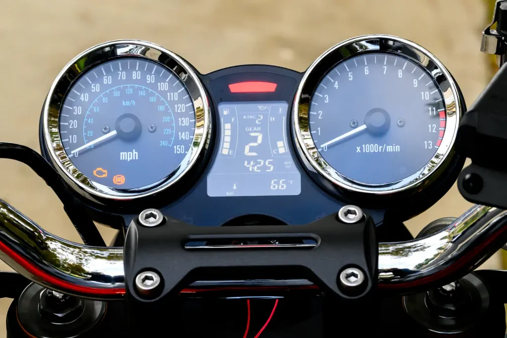 Twin clocks showing the speed and rev count of the motorcycle with an LCD between them.