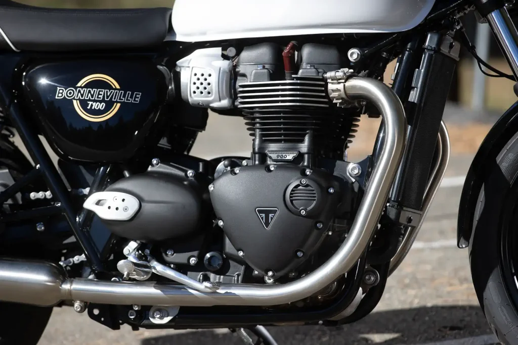 Right side of 2026 Triumph Bonneville T100 vertical twin engine.