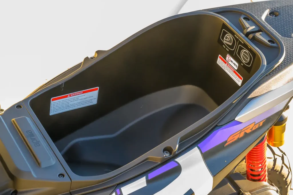 Underseat storage for the 2027 Aprilia SR GT 400 .
