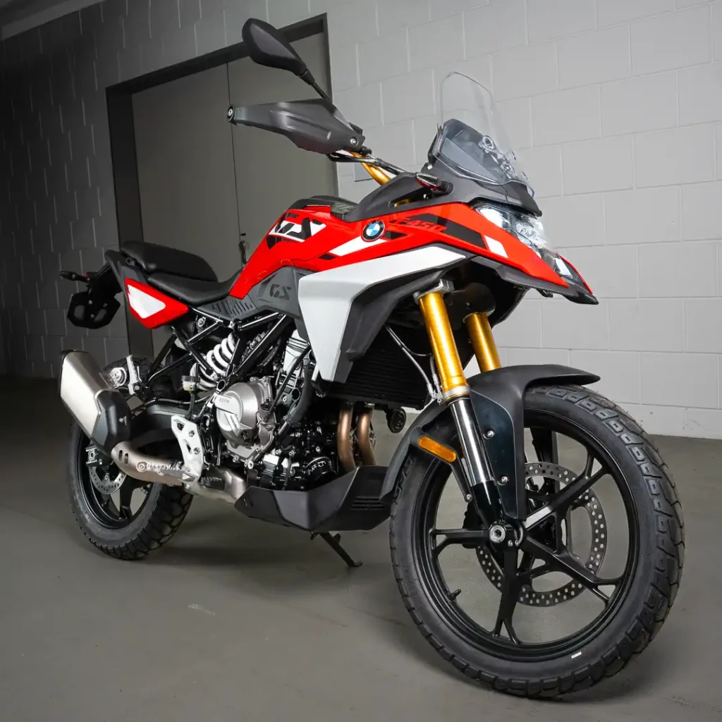 3/4 front right view of the red version of the 2027 BMW F 450 GS