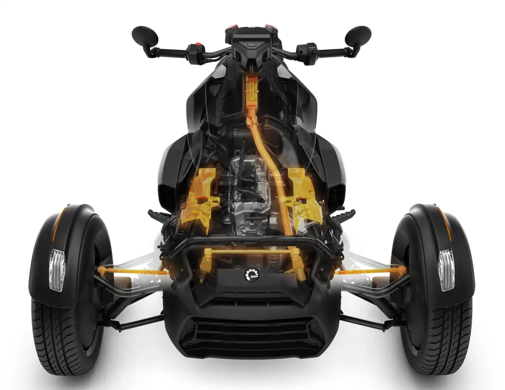 2027 Can-Am Ryker shot from the back in the studio with the bodywork removed.