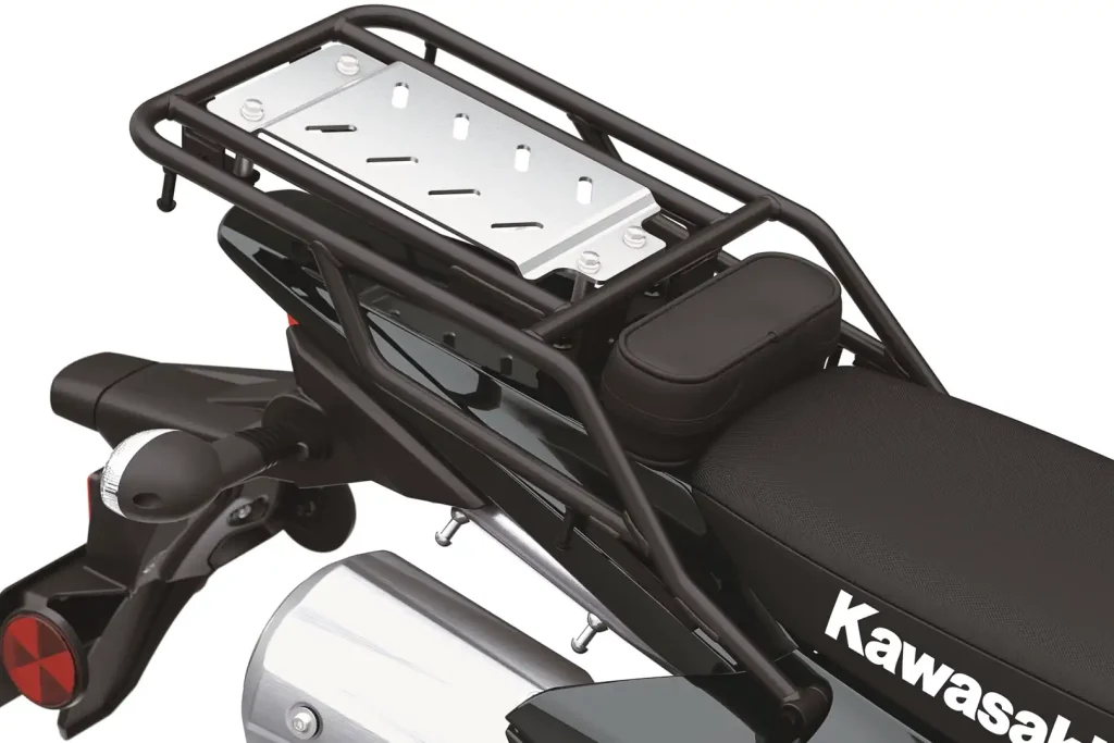 A luggage rack on a dual sport motorcycle