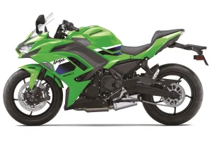Green version of the 2027 Kawasaki Ninja 650. Left hand side profile in the studio