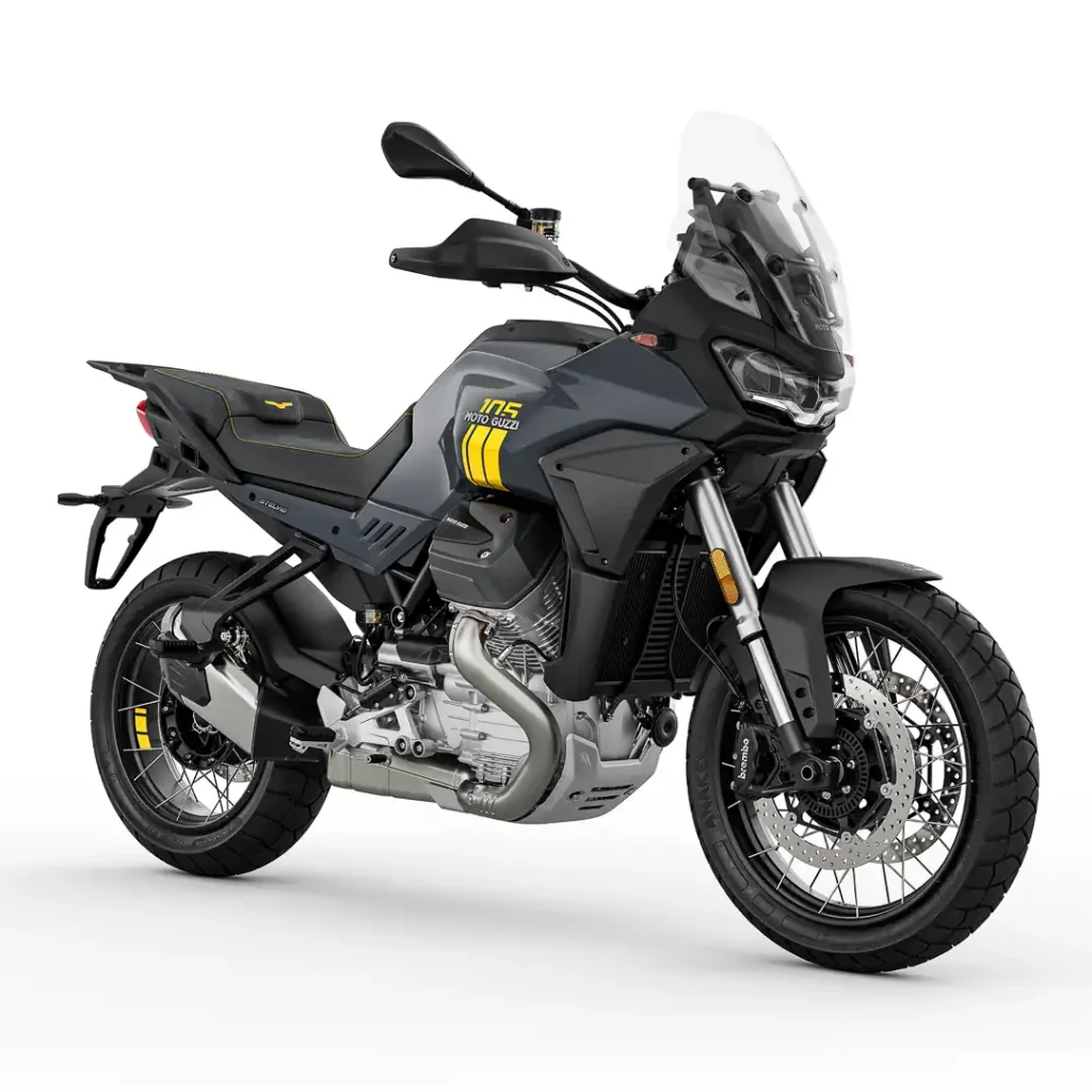 2027 Moto Guzzi Stelvio 3/4 right side front view in studio