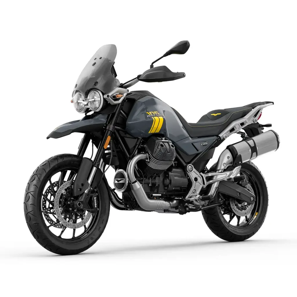 2027 Moto Guzzi 105th Anniversary Edition V85 Strada left side 3/4 front view.