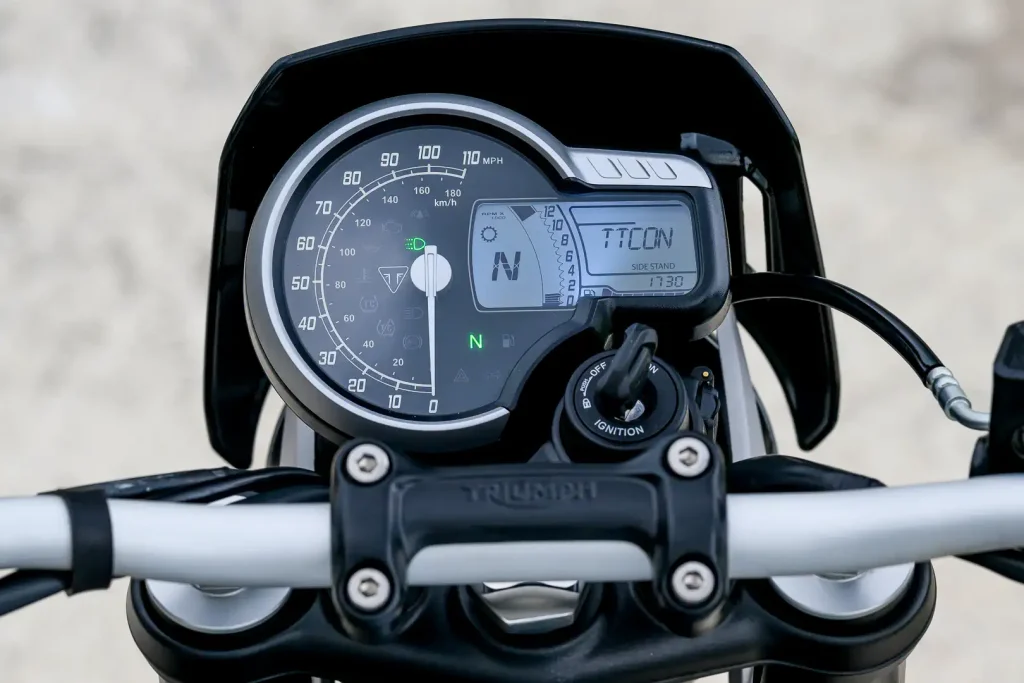 2027 Triumph Tracker 400 dash with analog and LCD displays